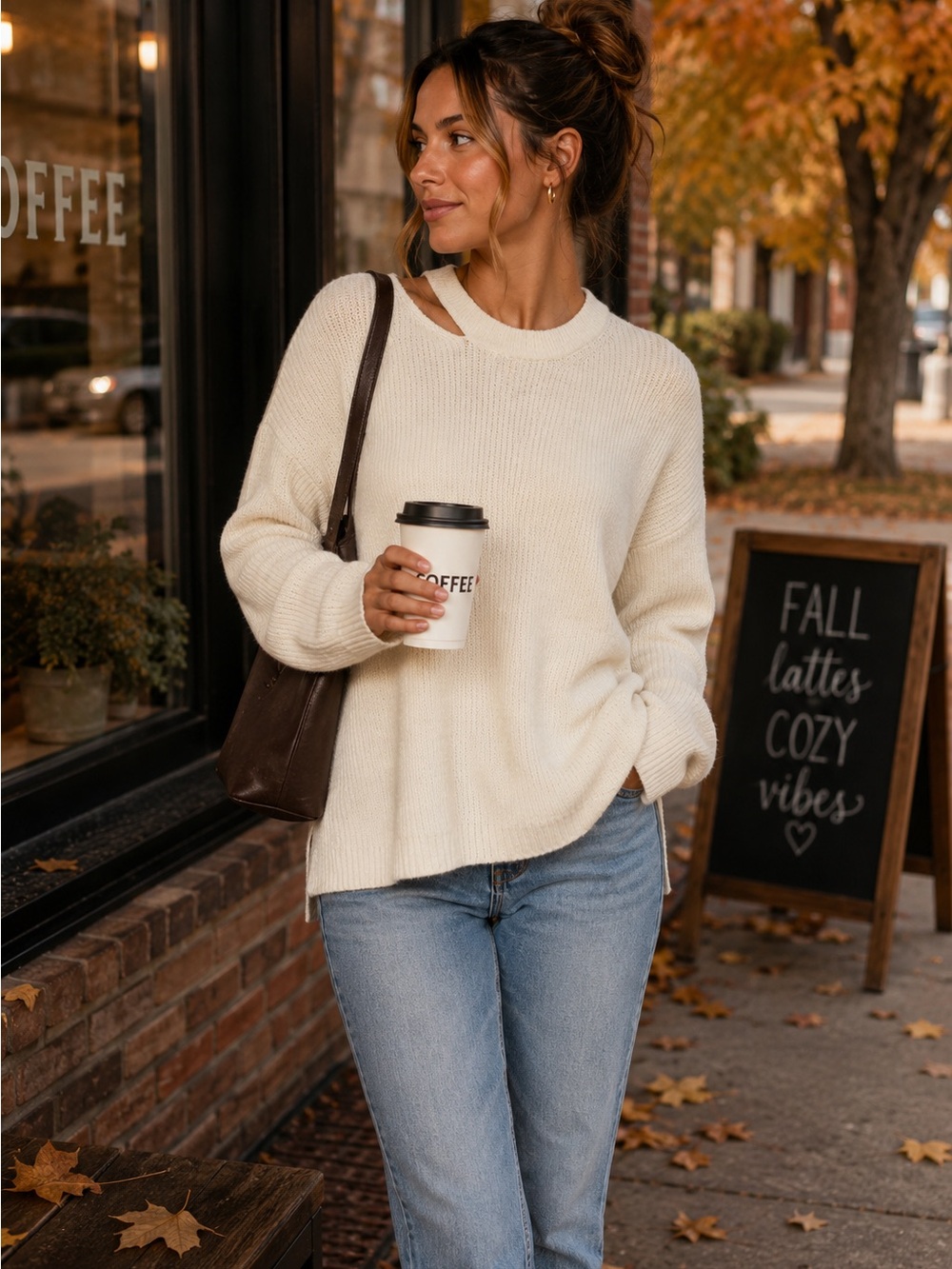 Rails Cream Crewneck Sweater with Asymmetrical Neck Cutout